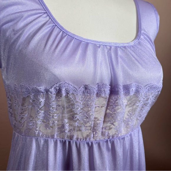 Vintage Retro Pastel Purple Satin Peek A Boo Lace Long Slip dress Night Gown - Picture 14 of 15
